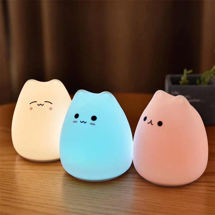 Luz de Presença LED Gato | Silicone Macio, 7 Cores | Sensor de Toque | Para Bebés e Crianças