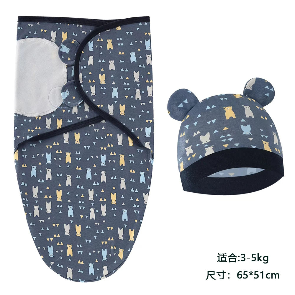 Conjunto Swaddle e Gorro para Recém-Nascido | Algodão Estampado e Ajustável | Ideal para Todas as Estações (0-6 Meses)