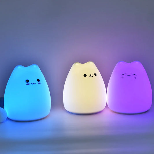 Luz de Presença LED Gato | Silicone Macio, 7 Cores | Sensor de Toque | Para Bebés e Crianças