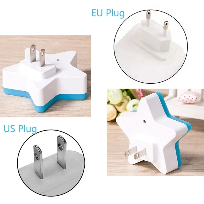 Luz de Presença LED Estrelas | Candeeiro de Tomada (UE/EUA) | Decoração para Quarto e Corredor