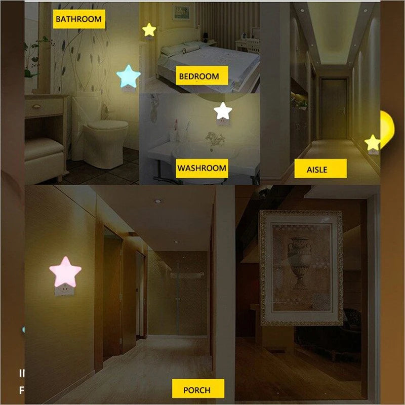 Luz de Presença LED Estrelas | Candeeiro de Tomada (UE/EUA) | Decoração para Quarto e Corredor