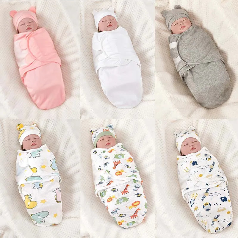 Conjunto Swaddle e Gorro para Recém-Nascido | Algodão Estampado e Ajustável | Ideal para Todas as Estações (0-6 Meses)
