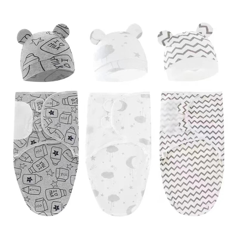 Conjunto Swaddle e Gorro para Recém-Nascido | Algodão Estampado e Ajustável | Ideal para Todas as Estações (0-6 Meses)